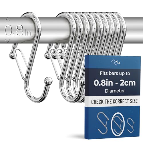 10-Pack Metal S Hooks for Hanging – Heavy-Duty S-Shaped Hook with Safety Buckle – Fits Bars up to 0.8 In – Anti-Drop S-Hooks for Kitchen, Bathroom, Closet & Pot Racks – Silver (Medium) - color: Silver, size: Medium - 0.8In Diameter
