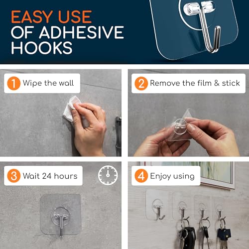 GLUIT Adhesive Wall Hooks for Hanging Heavy Duty 22 lbs Hooks for Walls No Drill, Towel Sticky Clear Hook, Waterproof, Home, Bathroom, Kitchen, Office, and Outdoor 12 Pack - size: Medium, 12 pcs