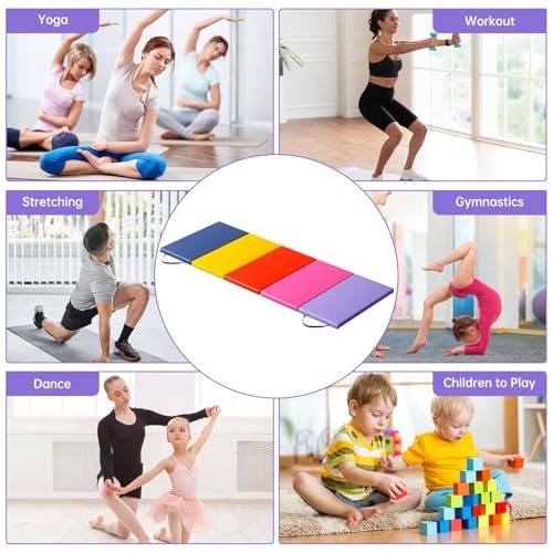 BLKMTY Gymnastics Mats - 2'x6' Folding Exercise & Yoga Mat with Carrying Handles for Kids' Tumbling & Home Gym - color: Colorful