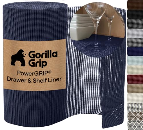 GORILLA GRIP powerGRIP Drawer Shelf and Cabinet Liner, Thick Strong Hold, Non-Adhesive Liners Protect Kitchen Cabinets and Cupboard, Bathroom Drawers, Easy Install, Breathable Mat, 12" x10', Navy Blue - color: Navy, size: 12" X 10', style: 12" x 10'