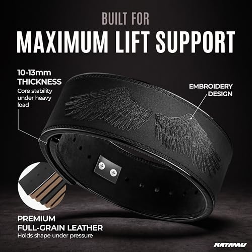 Katamu USPA & IPL Approved Premium Lever Belt | — 10mm and 13mm Leather - color: Black Out Wings, size: Large - 13mm