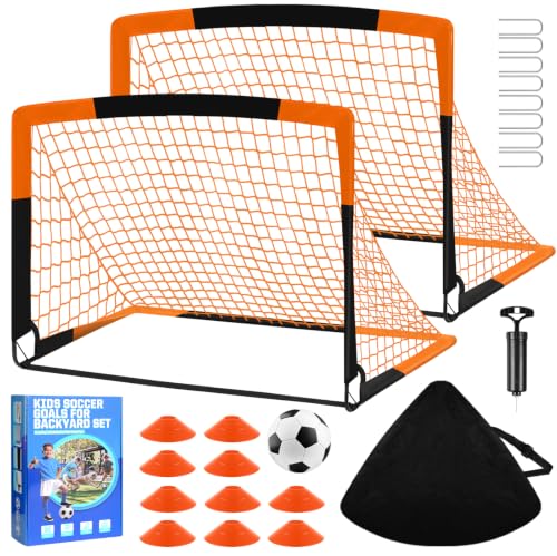 Soccer Goal, Kids Soccer Goals for Backyard Set- 2 Pack of Portable Pop Up Soccer Nets with Ball,Cones,Soccer Training Equipment for Toddler,Youth Outdoor Backyard Game - color: Orange Black, size: 4x3FT
