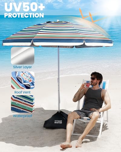 OutdoorMaster 7.2ft Beach Umbrellas for Sand with Sandbag & Anchor | 7.2ft Adjustable Umbrella for Beach, Wind Resistant, Portable UPF50+ Sunshade with Carry Bag for Patio - color: Blue Red Striped