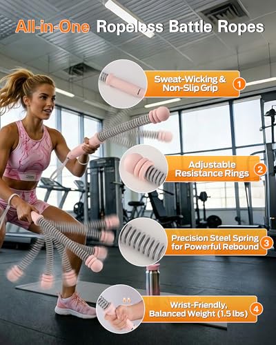 VividPulse Pink 2PCS Weighted Ropeless Battle Ropes for Home Gym - Portable & Quiet Training Rope for HIIT, Strength & Low-Impact Cardio - Full Body Workout Equipment for Men & Women - color: Pink