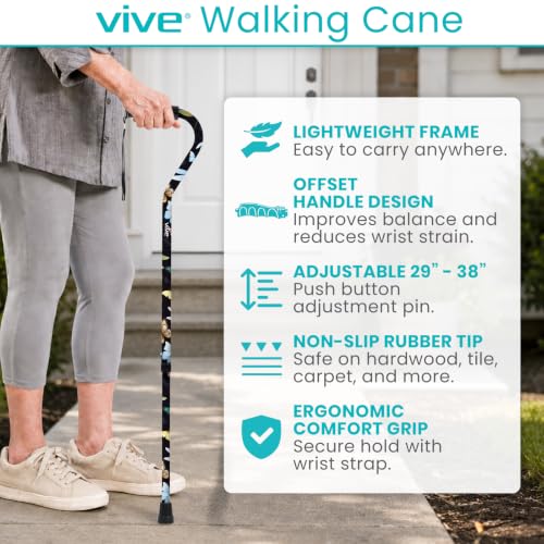 Vive Walking Cane for Women, Men, Elderly - Patented Offset Grip - Lightweight Adjustable Walking Aid with a Non-Slip Tip - Sturdy Balancing Mobility Aid for Seniors - color: Black Butterfly
