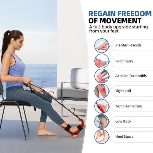 comness Foot and Calf Stretcher Stretching Strap For Plantar Fasciitis, Heel Spurs, Foot Drop, Achilles Tendonitis & Hamstring. Yoga & Leg Stretch Strap. (Red) - color: Red