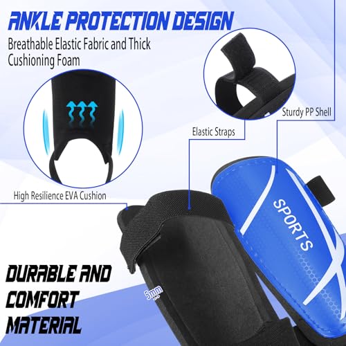 Soccer Shin Guards and Socks Kids Youth Lightweight Soccers Pads Defender with Ankle Protection Ski Shin Guards Football Equipment for Age 4-14 Toddler Boy Girl - color: Blue, size: Small