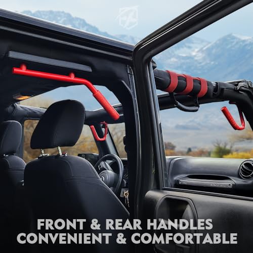 4PCS Aluminum Grab Handles Kit Compatible with 2007-2018 Jeep JK JKU, Red | Heavy-Duty Roll Bar, Rust-Resistant, Non-Slip, Easy to Install - color: Red