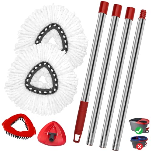 Spin Mop Handle Mop Heads Mop Base Mop Scruby Brush Replacement Sets Combo Compatible with Ocedar EasyWring 1 Tank Spin Mop System (1 Sets Stainless Steel Mop Handle +2 White Heads +1 Base +1 Brush) - color: 1 Sets Stainless Steel Mop Handle + 2 White Hea