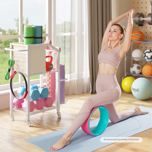 HOOBRO Dumbbell Rack, Weight Rack for Dumbbells, Yoga Mat Storage Rack, Home Gym Storage Rack for Dumbbells Kettlebells Foam Roller, Workout Storage Organizer with Wheels & Hooks - color: White