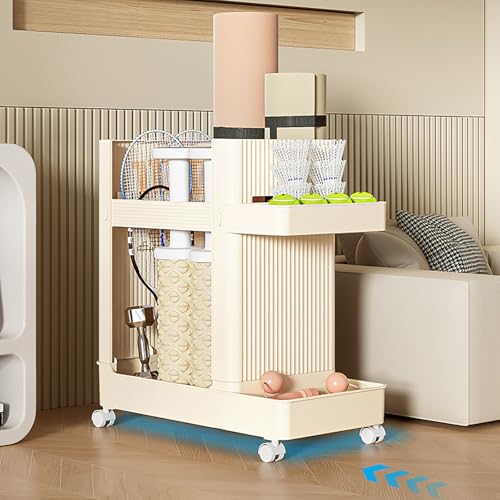 Small Yoga Mat Storage Rack on Wheels,Home Workout Storage Rack,Workout Storage for Yoga Mat,Workout Equipment Storage Cart for Home,Creamy Yellow