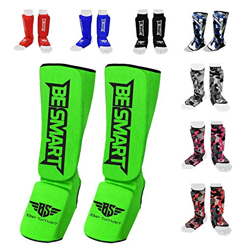 Be Smart Kids, Adults, Youth, Men and Women Muay Thai MMA Kickboxing Shin Guards, Instep Guard Training, Sparring Protective Gear Equipment Shin Kick Pads - color: Green, size: XXXS ( 3 to 8 Years )
