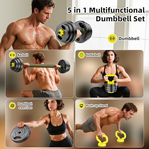 Adjustable Dumbbell Set, 10-90lbs Free Weights with Connector – 4 in 1 Dumbbells, Barbell, Kettlebell & Push Up Stand, Adjustable Weights Set for Home Gym Fitness Equipment for Men & Women - color: Yellow 70lbs (35lbs*2)
