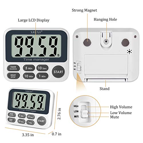 XREXS Digital Kitchen Timer, Magnetic Countdown Up Cooking Timer | with Large LCD Display, Adjustable Volume, Loud Alarm & Strong Magnet for Teachers (Batteries Included)