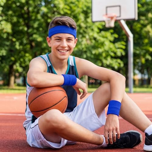 Sucrain 3 Pieces Sweatbands Set, 1 Pieces Sports Headband and 2 Pieces Wristbands,Wicking Sweat Head Band for Youth Womens Men - color: Blue