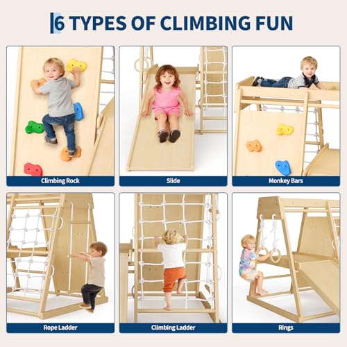 6-in-1 Indoor Playground Jungle Gym Kids Climbing Toys, Wooden Climber Playset with Slide, Climbing Rock, Monkey Bars, Climb Net, Climbing Rock, Rings, Christmas Toys for Kids, Natural