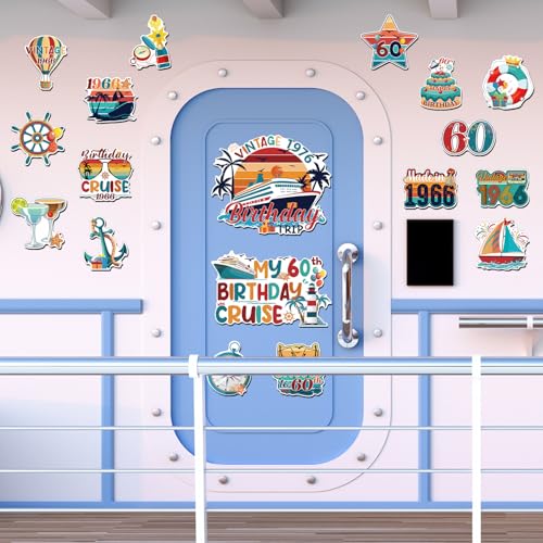 Wxiben 18 Pcs 60th Birthday Cruise Door Magnets Ship Decorations Magnetic | Vintage 1966 Birthday Magnet Stickers, Strong Magnet Grip, Firm Sticking, for Carnival, Party, Fridge, Stateroom Cabin Door - style: 60th Birthday