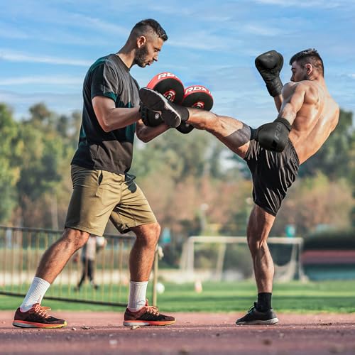 RDX Boxing Pads Focus Mitts, Maya Hide Leather Curved Hook and Jab Target Hand Pads, Great for MMA, Kickboxing, Martial Arts, Muay Thai, Karate Training, Padded Punching, Coaching Strike Shield - color: Red
