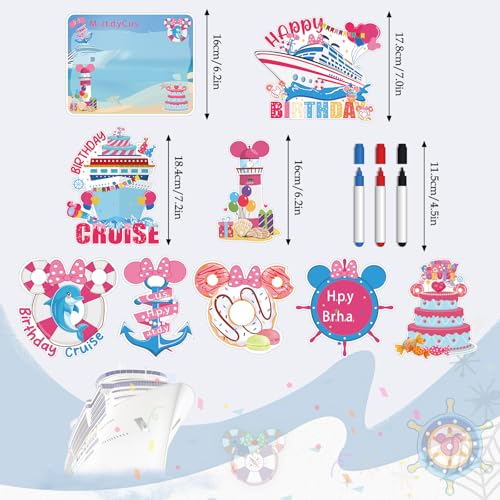 RiVolTa Birthday Cruise Door Decorations - 9 Pcs Mouse Magnet Stateroom Pink Cute Magnetic Large Ship Cabin Anchor Stickers for Girl Refrigerator Car Accessories Carnival Decals Party Decor with Pens - color: Girl Birthday