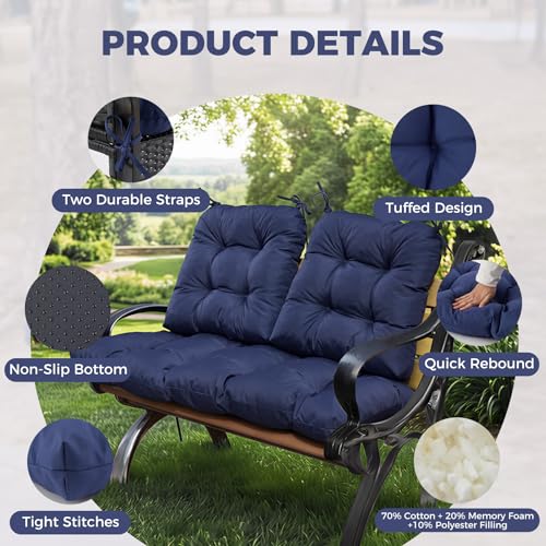 Wicker Chair Cushions of 3 Pieces, Waterproof Cushions for Patio Furniture, Tufted Wicker Outdoor Furniture Cushions, 1 Patio Loveseat Cushion and 2 U-Shaped Cushions, 44"x19"x5", Navy Blue - color: Navy