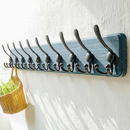 Dseap Coat Rack Wall - Heavy-Duty 38-1/4" Long, with Reinforced 10 Custom Tri-Hooks, Solid Wood Wall Hanger for Coats Hat Jackets - Rustic Farmhouse Entryway Hallway Storage, Weathered Blue & Black - color: Weathered Blue & Black, size: L=38.3"