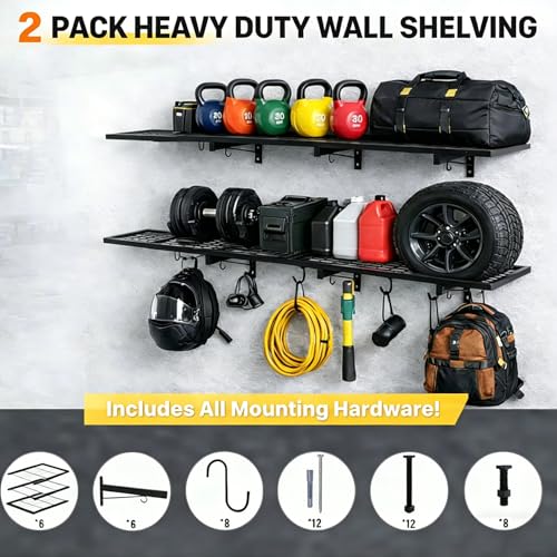 2-Pack Garage Wall Shelving, 46" × 12" Wall Mounted Floating Shelf, Heavy Duty Shelves 360 LBS Load Capacity, Black Storage Rack for Basement, Shop, Shed, Closet, Laundry Room - style: 2 PACK