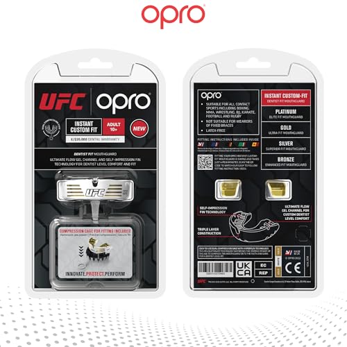 OPRO Instant Custom-Fit Mouth Guard, Dentist-Level Comfort, Protection & Fit - Moldable Mouthguard for Football, Boxing, Rugby, MMA, BJJ, UFC Mouth Piece- Includes Mouth Guard Case (UFC White, Adult) - color: Ufc Strike - Gold/White