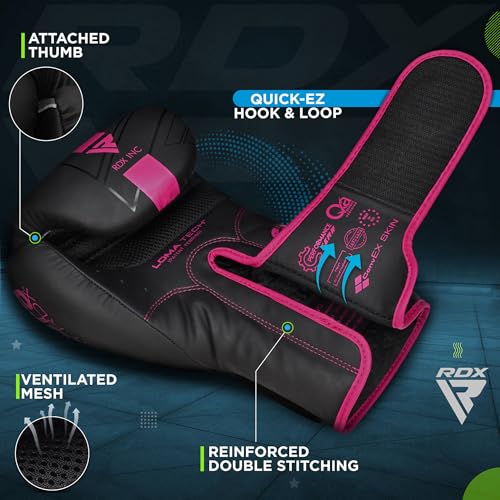 RDX Kids Boxing Gloves Sparring and Muay Thai Maya Hide Leather, Kara Patent Pending Junior Training Mitt for Kickboxing, Punching Bag, Focus Pads, MMA, Thai Pad, Double End Ball Punching Gloves - color: PINK, size: 8OZ
