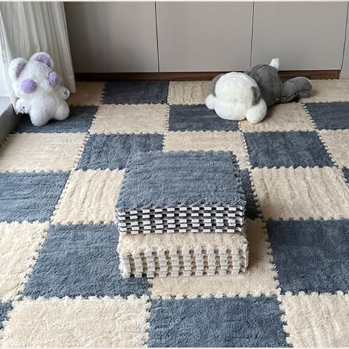 12Pcs Plush Foam Floor Mat,Plush Interlocking Carpet Tiles,Anti-Slip Square Puzzle Floor Mat,EVA Foam Area Rugs for Bedroom Playroom (Grey + Beige) - color: Grey + Beige