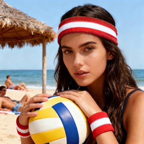 36 Pcs Wrist Sweatband Set Sports Headband Wristband Set for Men Women Party Sports Cotton Headbands Athletic Sweat Bands for Tennis Football Gym Workingout Accessories - color: Red White