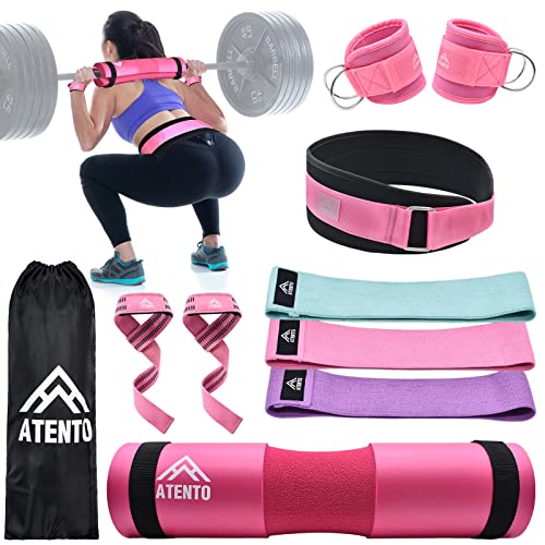 ATENTO 10Pcs Barbell Pad Set with Weight Lifting Belt, Thick Cushion Hip Thrust Pad for Bench Press, Lunges, Workout, Leg Exercise, Squat Bar Pad for Relief Pressure from Neck & Shoulder for Smith machine & Olympic Bars, with 2 Gym Ankle Straps, Hip Resis