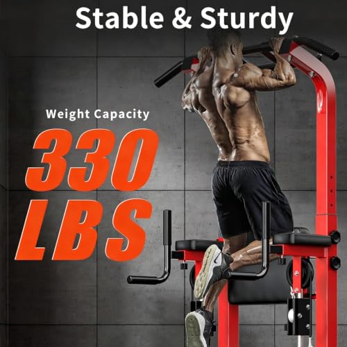 SogesHome Power Tower Pull Up Bar and Dip Station, Multi-Function Free Standing Pull Ups, Adjustable Height Dip Bar Strength Training Workout Equipment, Pull Up Stand Workout for Home Gym Exercise Equipment - color: Red