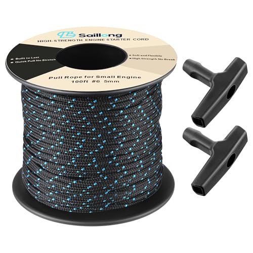 Saillong 5mm 100ft Starter Rope, Pull Cord Rope for Small Engine with 2 Starter Handle, High wear Resistant, Low Stretch, Replacement for Lawn Mower Chainsaw Trimmer Edger Brush Cutter Engine - color: Black & Blue, size: 5mm