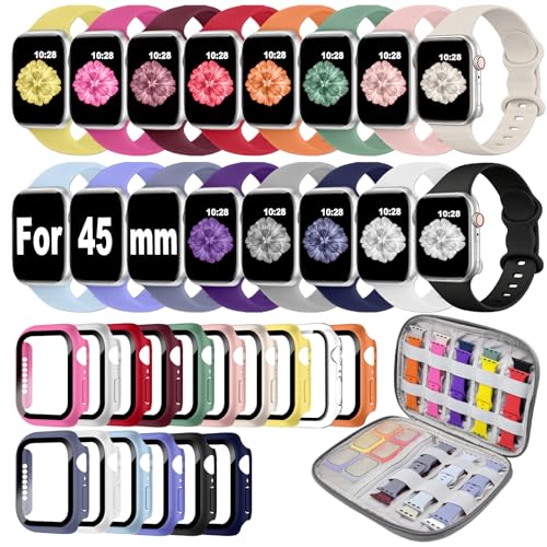 16 Pack Band Compatible with Apple Watch Bands 40mm 41mm 42mm 44mm 45mm 46mm for Women Men, Screen Protector Case Band&Organizer for iWatch Series 11 10 9 8 7 6 5 4 SE（Please select the correct size） - size: 45mm