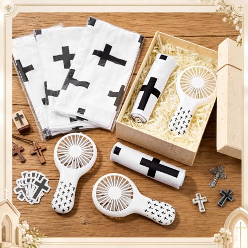 Woanger 24 Pcs Cross Cooling Towels Bulk and Mini Church Handheld Fans Set 3 Speeds USB Portable Fans with Cross Print Cooling Towels for Sports Team Games Party Favors Summer Gifts - style: Cross