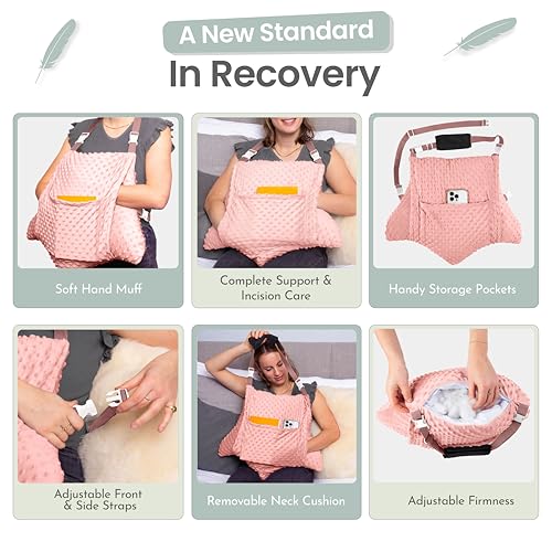 MOYOAMA Hysterectomy Pillow Post Surgery – Form-Fit Support Shield with Secure Straps, 2 Pockets, & Cozy Muff – After Hysterectomy Recovery Must-Haves, Post-Op C-Section Pillow Post Surgery Gifts - color: Rose Gold