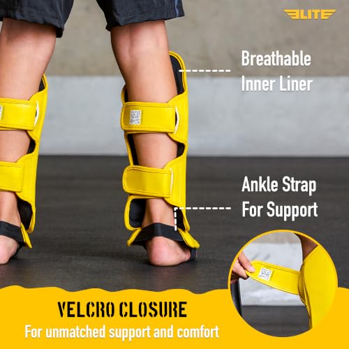 Elite Sports Muay Thai MMA Kickboxing Boys and Girls Shin Guards for Age 4 to 14 Years, Instep Guard Sparring Protective Leg Shin Kick Pads for Kids - color: Yellow, size: Medium