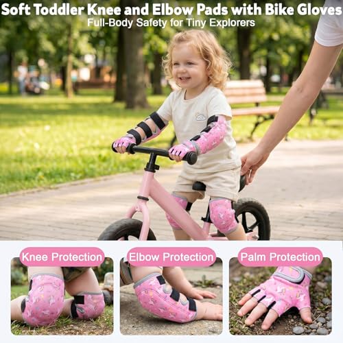Soft Toddler Knee Pads and Elbow Pads Set with Bike Gloves | Non-Slip Toddler Knee Pads for Boys Girls 2-4 Years, Breathable Kids Protective Gear for Balance Bike, Scooter, Bicycle - color: Pink Unicorns