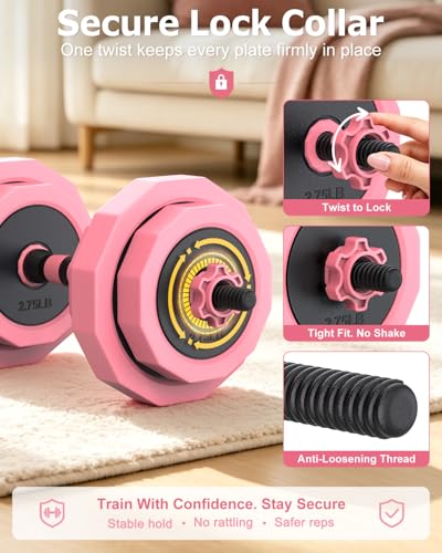 Rendpas Adjustable Dumbbell Set of 2 with Connector, 45/65/85 lbs Free Weights, 4-in-1 Barbell Kettlebell Push Up Stand Home Gym for Men Women - color: 45LB-pink