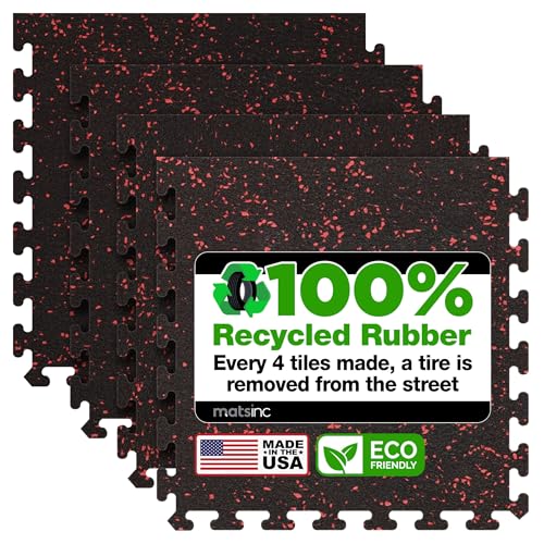 Matter Flex 100% Rubber Floor Mats - Recycled Rubber Gym Flooring for Home Gym, Interlocking Exercise Tiles, Made in The USA, Gym Tiles, Side (4 tiles/16 Sq. Ft.), Black with Red Speck - color: Black With Red Specks, size: Side (4 tiles/16 Sq. Ft.)
