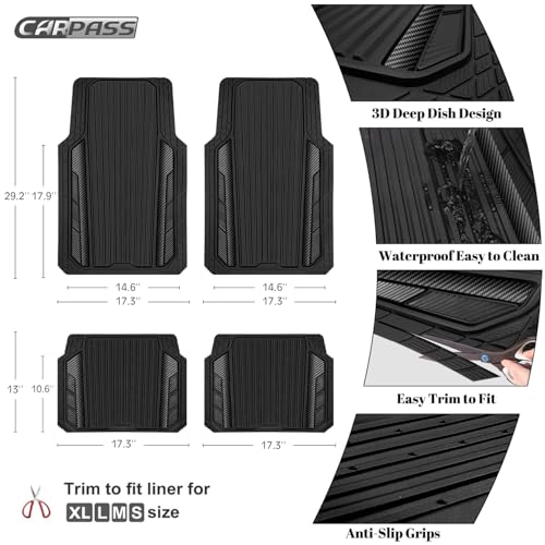 CAR PASS Heavy Duty Rubber Car Mats Metallic,Aluminum Film All Weather Floor Mats Waterproof Universal Trim to Fit SUVs Sedans Vans 4 Piece Anodized Deep Dish Two-Tone Sporty Carbon Fiber Black Chrome - color: Black Carbon Fiber