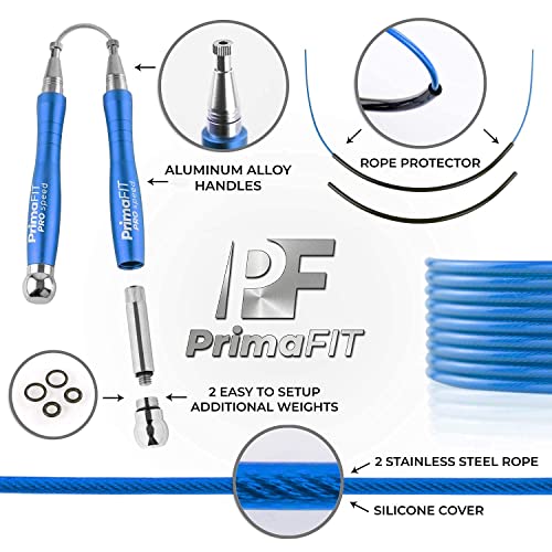 PrimaFIT Pro Speed Jump Rope for Adults, Weighted Skipping Rope for Boxing | Adjustable Jumping Rope for Fitness Workout & CrossFit Exercise, Double Unders, Handle Weights, 3m Cables 2 Protectors, Bag - color: Blue