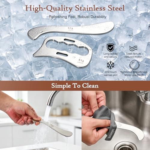 304 Stainless Steel Gua Sha Tools Set, Facial & Full Body Scraping Massage Kit | with Zinc Alloy Eye Roller, 3 Pack Ergonomic Muscle Scraper for Home Daily Self Care & Workout Recovery