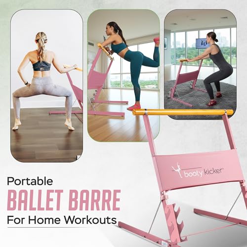 Portable Folding Exercise Bar for Barre, Balance and Ballet Home Workouts | Authentic Booty Kicker, Strong Freestanding Stable Design, Solid Steel and Wood Workout Equipment - color: Pink