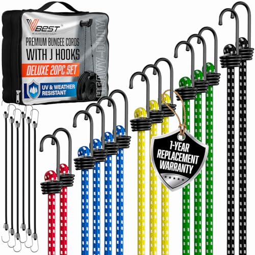 20 Piece Heavy Duty Bungee Cords Assortment Bag Includes 10", 18", 24", 30", 36", 48" Outdoor Bunnies Cord with Hooks UV & Weather Resistant - size: 20 Piece Assorted Sizes Set