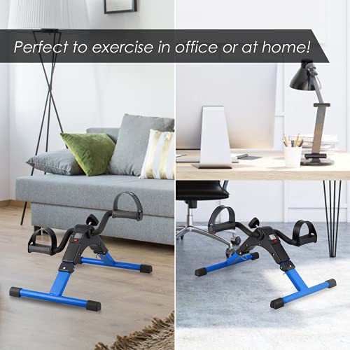 Folding Pedal Exerciser, Mini Under Desk Bike - Portable Foot Hand Cycle Peddler Machine Bicycle Exerciser for Arm Leg While Sitting - color: Blue
