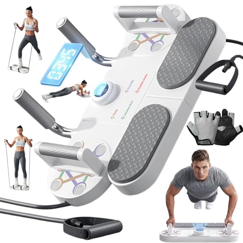 3-In-1 Multifunctional Push-Up Board & Resistance Band Trainer with Thickened Elbow Pads, Non-Slip, Pushup Handles, & Reps Time Monitoring, Portable Foldable Home Gym Fitness Equipment