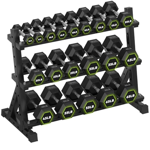 HANDBODE Dumbbell Set with 3-Tier Rack, 390-790 lb | Heavy Duty Weight Stand for Dumbbells, Space-Saving Metal Storage Organizer, Sturdy Dumbbell Holder for Home Gym - style: 566 lb Set (5-65 lb) *2 & Rack