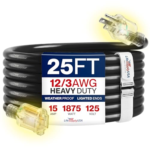 25ft Outdoor/Indoor Extension Cord 12/3 Gauge Extra Heavy Duty 3 Prong SJTW, Waterproof, Flexible Cold-Resistant Long Power Cord,15A 125V 1875W, Black by LifeSupplyUSA - color: Black, size: 25 FT, style: 12AWG