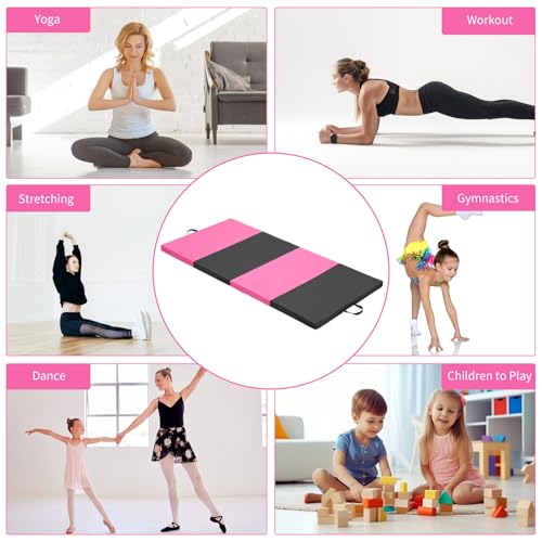 Gymnastics Mat, 3'x6'/4'x6' Thick Folding Kids' Gymnastic Tumbling Mat with Carrying Handles for Home Gym Exercise & Play - color: 3x6FT-Pink&Black